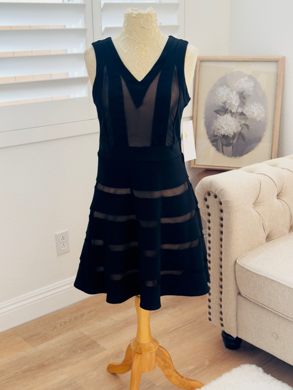 Black Mesh Panel V-Neck Fit & Flare Dress